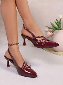 Spring & Autumn Fashion Plus Size Pointed Toe Shiny Patent Leather Vintage 3-Strap Buckle Solid Color Slip-On Elastic Band Metal Buckle Easy To Wear Daily, Party, Wedding, Office Wear, Ankle Strap, Stiletto Heel Elegant Red Ladies Pumps,Burgundy Heels