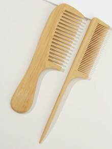 Natural Bamboo And Wood Wide-Tooth Anti-Static Comb 2 Pieces Set, With Pointed Tail Parting Design, Smooth Combing To Reduce Pulling, Essential For Daily Styling - Multicolor - View 1