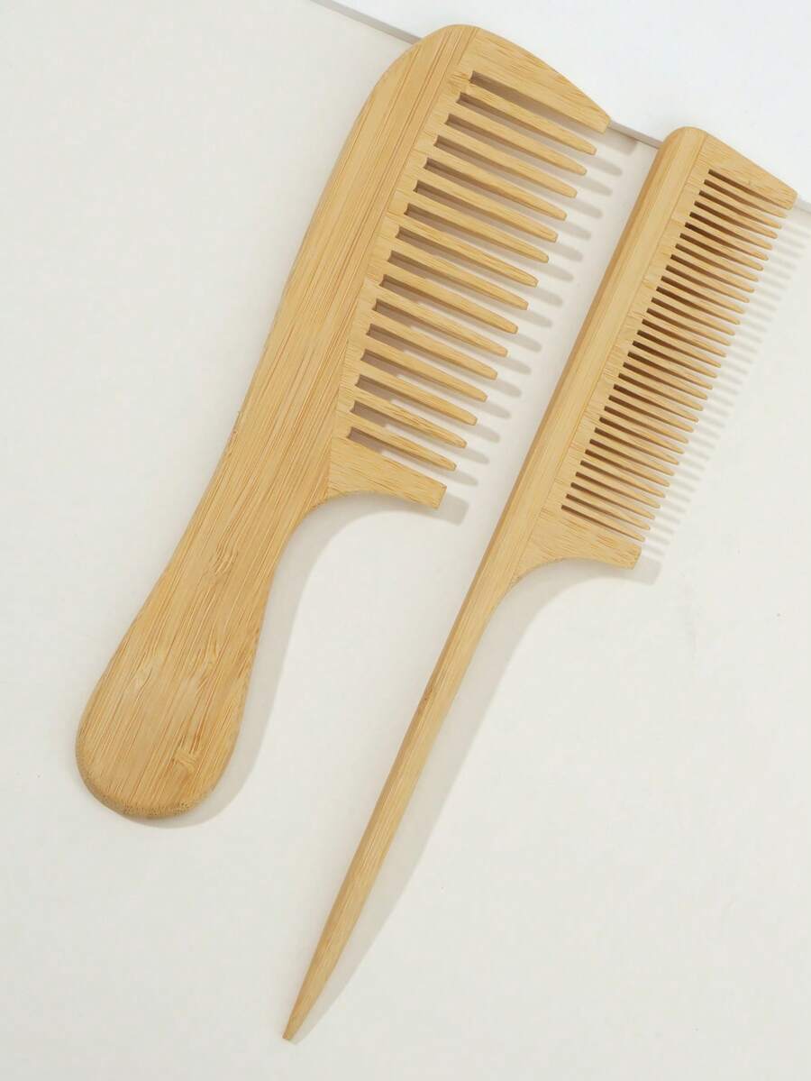 Natural Bamboo And Wood Wide-Tooth Anti-Static Comb 2 Pieces Set, With Pointed Tail Parting Design, Smooth Combing To Reduce Pulling, Essential For Daily Styling - Multicolor - View 1
