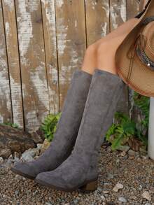 西部风格女士圆头粗跟高筒靴，侧拉链设计，纯色，时尚户外保暖雪地靴，适合秋冬季穿着 - 灰色 - 查看 3