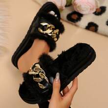 Shoes Womens Slippers Solid Color Fuzzy Fluffy Metal Chain Decoration Fashion Flats Open Toe Shoes Autumn Winter Slippers Cotton Fuzzy Slippers Bedroom Slippers Indoor House - màu đen - Xem 7