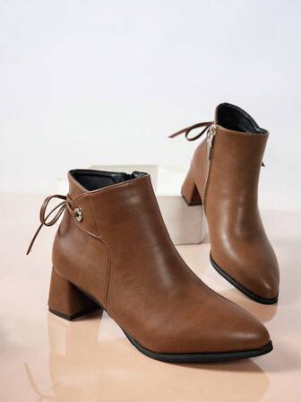 Fall/Winter Women's Pointed Toe Leather Short Boots, Fashion Thick Heel Shoes With Bowknot Decor, Side Zipper, Plush Lining, Stylish, Elevated, Versatile, Suitable For Music Festivals, Halloween, Christmas