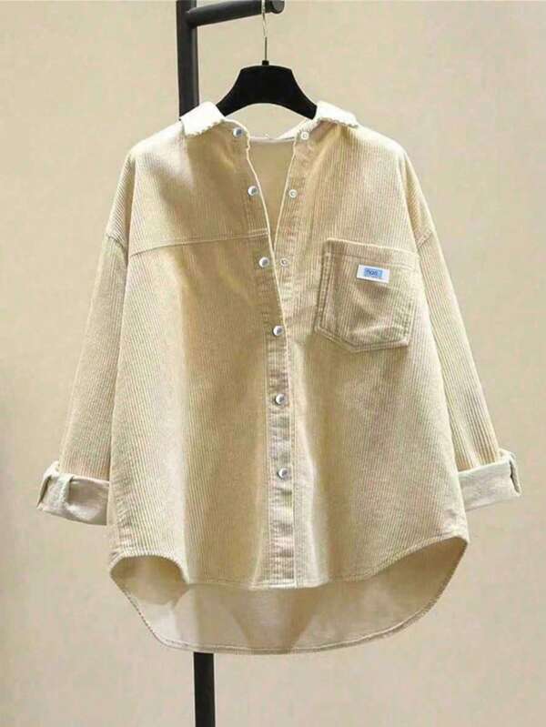 Plus Size Women's Fashion Corduroy Shirt, Long Sleeve, Collar, Front Button, Drop Shoulder, Asymmetric Hem