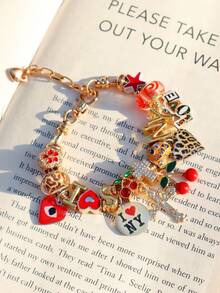 1pc "Welcome To New York" Bracelet, Friendship Bracelet, Leopard Print Star Music Festival Bracelet, Statue Of Liberty Bracelet, Heart Party Bracelet - Antique Silver - View 10