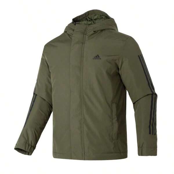 Adidas Men's Cotton Hooded Jacket With Printed Logo, Casual Padded Coat, Regular Fit, Fashionable Retro Style