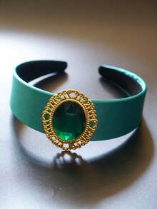 1pc Handmade Princess Style Wide Emerald Zirconia Headband, Casual Atmosphere Photo Props Hair Accessories Hairband