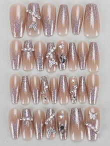 30 Pieces Press On Nails Ballet Shape/ Long Metal Butterfly With Sparkling Crystal Decoration For Nail Art/Perfectly Fitting Acrylic Fake Nail Set, Including 1 Jelly Glue And 1 Nail File, Suitable For Women's Daily Work, Study, And Gatherings In Autumn And Winter Nail Products Suitable For Gatherings, Festivals , And Daily Use - Multicolor - View 3