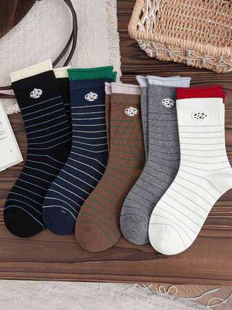 5 Pairs Autumn/Winter New Jacquard Seamless Ribbed Contrast Color Mid-Calf Socks, Korean Style, Random Delivery