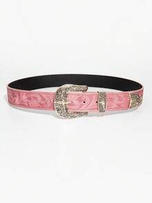 1pc Vintage Pink Faux Leather Belt With Gold Metal Ox Head Floral Engraved Buckle - Baby Pink - View 3