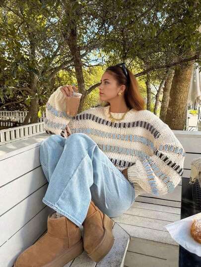 Blusa de mujer con bloques de color y rayas, suéter de cuello redondo y manga larga, informal y de moda, popular en otoño e invierno, ropa de mujer para otoño, atuendos de oficina para mujer, blusas de mujer, suéteres de mujer, atuendo navideño para mujer, atuendo de Acción de Gracias para mujer.