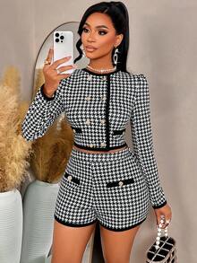 Amarilo Classic Black-And-White Houndstooth Pearl-Studded Blazer With Shorts A Youthful, Ladylike Two Pieces Set Perfect For Everyday Shopping And Commuting Fall Winter Chic Ensemble For Young Women - Đen và trắng - Xem 4