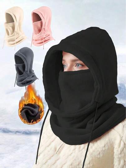 A Winter Face Cloak Scarf -100% Polyester, Braided, Windproof, Warm Neck Collar With Cap, Suitable For Outdoor Activities, Cycling, Skiing - Black, Pink, Khaki