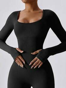 Mujeres basic yoga running alto estiramiento deporte jumpsuit - Negro - Ver 2