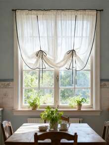 1 Pc Beige Striped Tie Up Curtain For Window Adjustable Balloon Cafe Short Sheer Curtain For Kitchen Light Filtering Half Window Curtain Rod Pocket - Beige - View 10