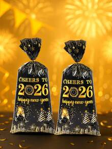 25/50个装 2026新年礼品袋糖果袋，黑色金色礼品包装袋，饰有烟花时钟和礼品图案，糖果袋，零食包装袋，饼干收纳袋，非常适合圣诞节礼品包装和礼品篮包装，2026新年派对用品，冬季装饰，圣诞家居装饰，2026新年装饰，圣诞装饰，节日派对礼物，新年派对用品，新年家居饰品 - 新年黑金 - 查看 3