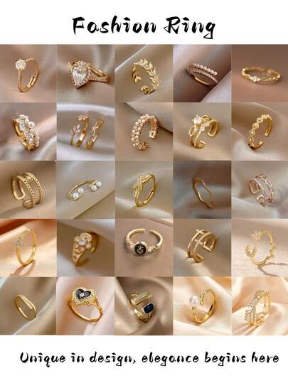 10pcs/Set Fashionable Luxury Minimalist Design Copper Inlaid Cubic Zirconia Rings, Includes Sweet Simplistic Faux Pearl, Leaf, Cross, Heart Open Rings, Elegant Mixed Style Suitable For Party, Wedding, Gift, Daily Wear, Randomly Packaged In Gift Box