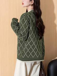 Alicedudu Áo len cardigan dáng rộng phong cách cổ điển họa tiết kim cương cho nữ, mùa thu/đông - Tảo xanh - Xem 2