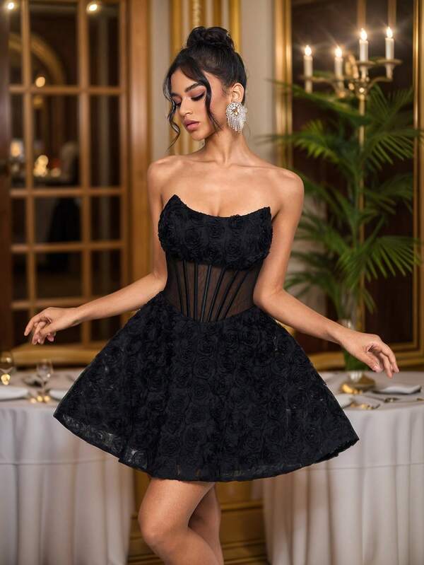 Vestido mini con flores de rosa 3D, vestido ligero de fiesta, vestido mini negro elegante sin tirantes y ajustado, vestido sexy de cóctel para Halloween, Acción de Gracias, fiesta de cóctel