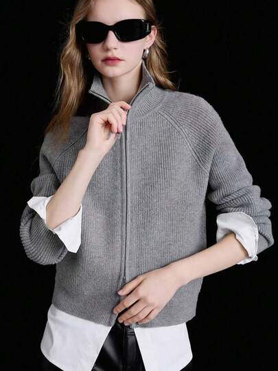 Gray Stand Collar Cardigan, Loose Fit Double Zipper Raglan Sleeve Sweater, Comfortable Casual Age-Reducing Long Sleeve Knit Top, Solid Color Zipper Ribbed Collegiate