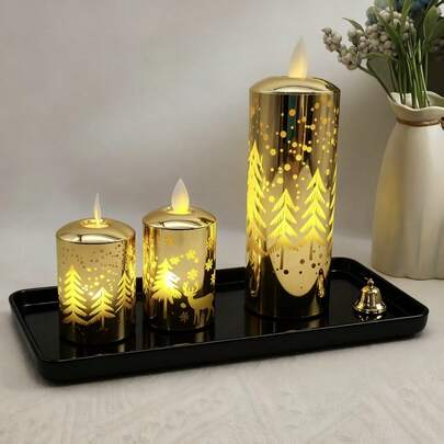 1 Set Gold LED Realistic Wax Candles | Battery Powered Warm White Flame | Hollow Christmas Tree, Deer, Snowflake Pattern | Nordic INS Cozy Home Decor For Bedroom, Dining Table, Fireplace, Party, Wedding, Christmas Decoration, Lighting, Christmas Gift, Photography Prop