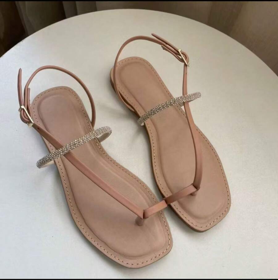 Women's Flat Sandal With Rhinestones, Elegant And Casual, Nude Black - 米色 - 查看 1