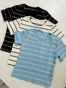 Set Of 3 Women's Short-Sleeve T-Shirts, Plain And Striped, Ribbed Cotton, Basic Style - 藍色條紋套件 3 - 查看 1