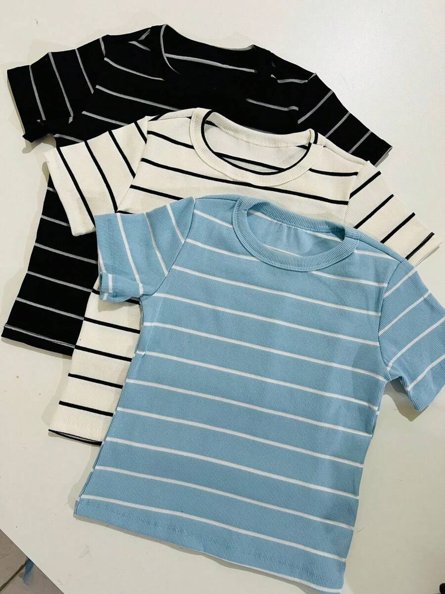 Set Of 3 Women's Short-Sleeve T-Shirts, Plain And Striped, Ribbed Cotton, Basic Style - 藍色條紋套件 3 - 查看 1