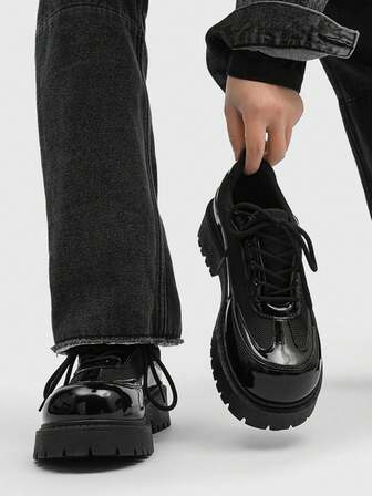 Fashionable Thick Sole Lace-Up Formal Shoes, Men's Business Retro Elevator Round Toe Leather Shoes, Men's Casual Low-Top Dress Shoes For Party And Wedding