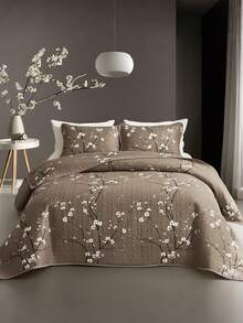 2/3PCS Multicolour Tree Branch Plum Blossom Quilted Quilt, 1pc Quilted Quilt+ 1/2 Pcs Pillowcases, Soft Breathable Comfortable Portability Hypoallergenic Machine Washable Bed Cover Bedding Room Decor, Twin/ Queen/ King Size Fabric Square Weight: 200-250 G/㎡ - Brown - View 5