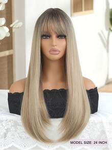 24 Inches Long Straight Hair Blonde Wig With Neat Bangs Layered Wigs Silky Smooth Straight Go-To Everyday Look Editor's Pick High-Fashion Statement Piece Party Wigs Cosplay Wigs Heat-Resistant Synthetic Fiber Suitable For Festival And Cosplay Wigs For Women Hairstyle Christmas Wig - 漸變金色 - 查看 3