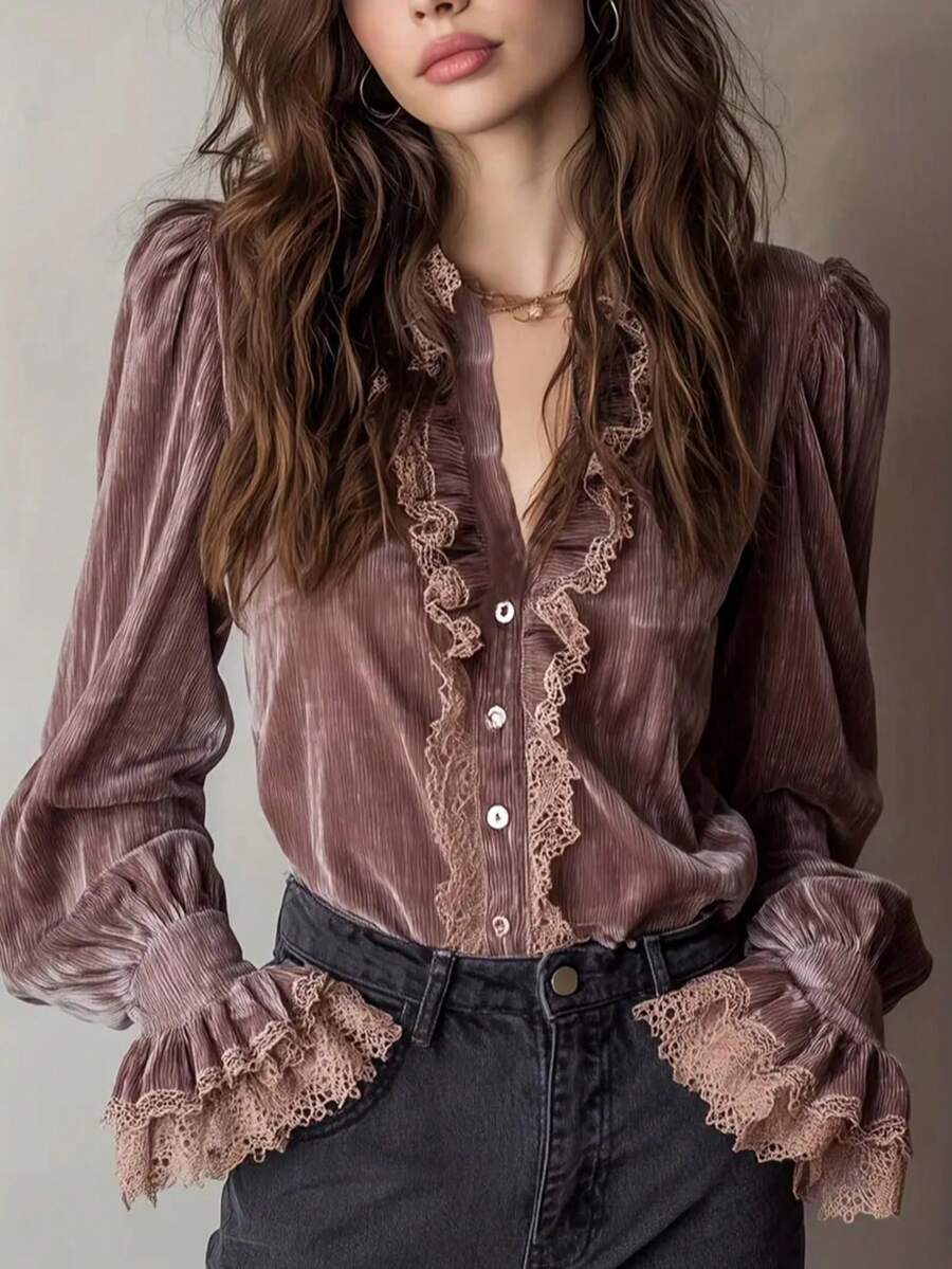 Women's Pink Velvet Blouse, Solid Color Lace Patchwork Ladies Shirt, Elegant Everyday Wear For All Seasons - Dusty Pink - View 1
