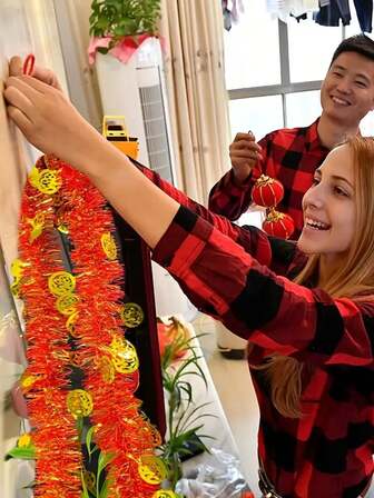 2pcs Festive New Year Tinsel Garland, Vibrant Red And Gold Tinsel Garland With Good Luck Charms, Plastic, No Electricity Required - Perfect For New Year Home, Door, Wall And Plant Decorations To Enhance New Year's Festive Atmosphere