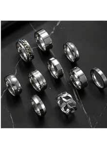 10件套简约不锈钢戒指套装，简约链条设计，宽边戒指，男士日常佩戴