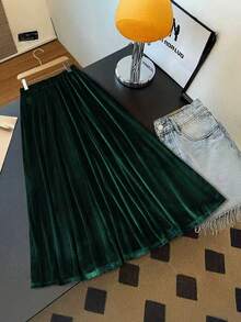 女士百搭丝绒半身裙，松紧腰宽松休闲通勤裙，适合早春穿着 - 墨綠色 - 查看 2