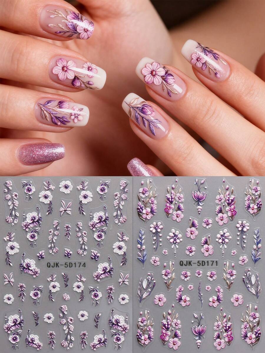 2 piezas Pegatinas de arte de uñas con diseños de flores, enredaderas y hojas en relieve de estilo vintage para el invierno - Acabado en relieve 5D, tema vintage y minimalista, fácil de aplicar para decoración de uñas DIY, regalos festivos, looks de fiesta, Y2K