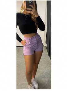 Elegant Women's High-Waisted Dress Shorts With Pockets And Three Buttons - 紫丁香 - 查看 2