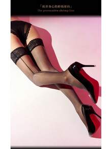 Women's 1D Ultra Thin Shiny Sheer Stockings - Lace Edge Stay Up Nylon Thigh Highs, Back Line Silky Hosiery For Daily & Party Wear - 黑色+黑線 - 查看 12