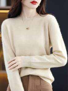 女士圆领长袖毛衣，秋冬季保暖柔软针织套头衫