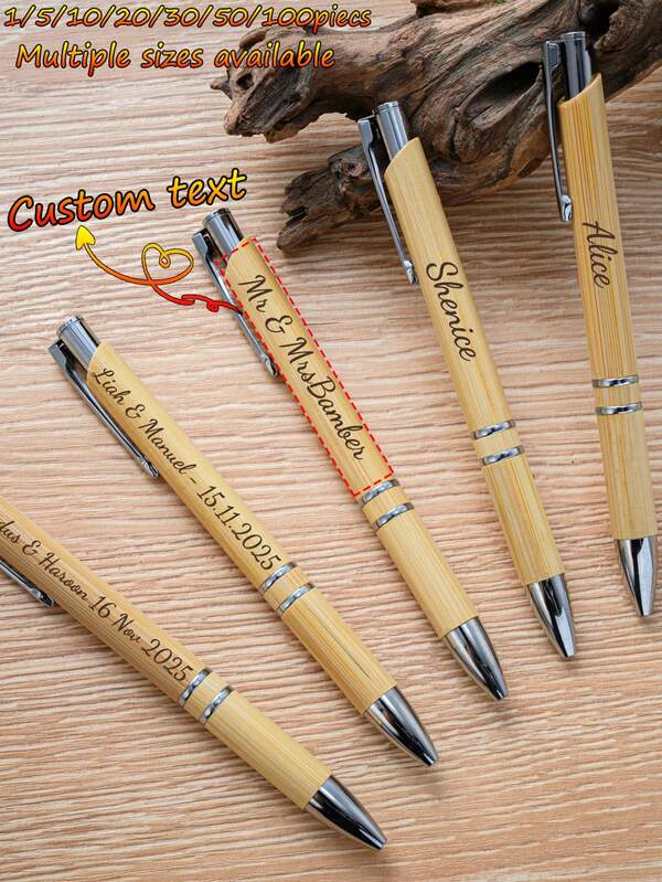 1/5/10/50/100pcs Customized Text/Logo Creative Double-Line Bamboo Ballpoint Pen, Naturaly Bamboo Material, Push-Button Bamboo Pen, Business Gift, Personalized Bamboo Ballpoint Pen, Suitable For Wedding Favors, Daily Office, Students, Teachers, Friends, Family, Colleagues
