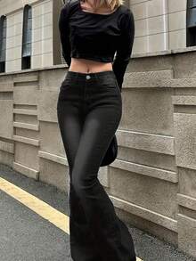Jeans de campana ajustados con bolsillo trasero con lazo y strass para adolescentes - Negro - Ver 6