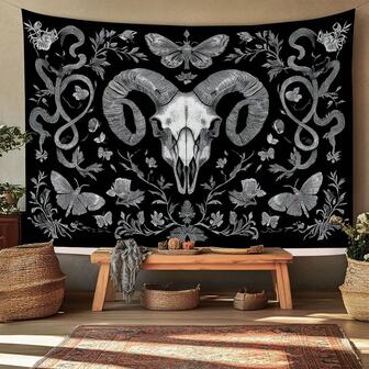 1 pieza Tela de tapiz con diseño de calavera de carnero y mariposa para decoración de pared, sala de estar y dormitorio, colgante de pared, decoración del hogar, obra de arte de techo