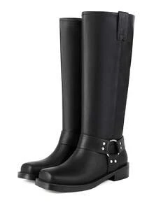 Women's Knee High Boots Slip On Riding Boots Squared Toe Buckle Boots For Women Chunky Heel Tall Motorcycle Boots Women's Low Heel Boots - màu đen - Xem 6