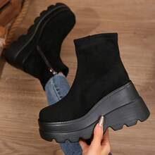 新款高跟坡跟踝靴，秋冬季，增高鞋，复古拉链靴，厚底短靴，百搭 - 915黑 - 查看 4