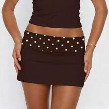 Women Fold Over Low Rise Bodycon Mini Skirt Y2k Polka Dots Print Slim Fitted Going Out Micro Skirts Stretchy Tube Pencil Mini Skirts Party Clubwear - 咖啡棕 - 查看 3