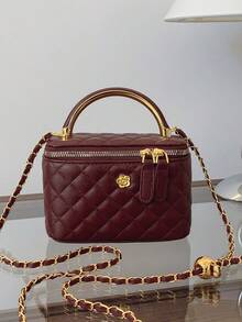 黑色休闲多功能手提小方包，时尚刺绣格纹面料，适合办公、收纳手机、口红、零钱、购物、作为钱包使用，适合年轻女性、大学生、新手、白领人士。是办公室、大学、工作、商务、通勤、户外活动、旅行和短途旅行的理想之选。 - 酒紅色 - 查看 3