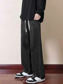 女士休闲直筒高腰宽松阔腿牛仔裤 - 黑色 - 查看 3