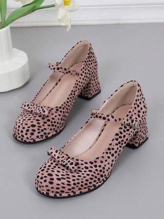 Zapatos de tacón alto con contraste de color de doble lazo, zapatos de fiesta con estilo de tela de estilo cargo con hebilla de lazo, estampado de lámina de oro, suela gruesa de lunares con contraste de color, cómodo con tacón acolchado de látex, adecuado para varias ocasiones