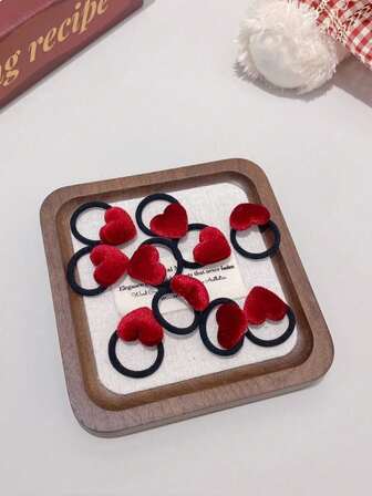 10pcs Red Plush Flower & Resin Girl Basic Hair Scrunchies, Mini Red Heart Hair Ties, Suitable For Christmas, New Year Or Wedding Bride ,Hair Rope ,Ponytail Holders ,Hair Elastics ,Hair Rubber Bands