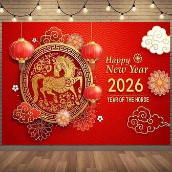 1件 2026 中国新年背景布 - 红色和金色灯笼、云朵和花朵设计面料摄影背景，适用于婚礼、新娘派对、生日、毕业典礼、相机和派对| 节日装饰| 尺寸，多功能派对背景布，适用于男女通用装饰、室内和室外装饰、摄影工作室、花园装饰、派对装饰和电话亭。