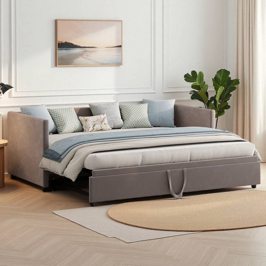 Extendable Sofa Bed 90/180x200 Cm, Sofa Bed Upholstered Bed Extendable With Guest Bed, Velvet Fabric Bed Extendable To Double Bed, Sofa Bed For Adults 2 People, Without Mattress - 灰色 - 查看 1